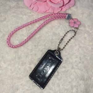 Coach Black Patent Leather Large Hangtag Pink Flower Wristlet Bag Charm Cute